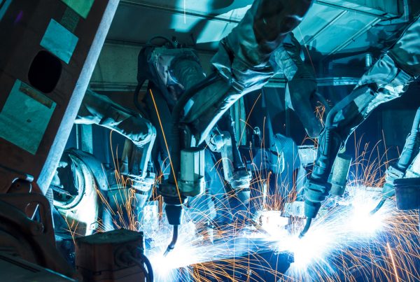 here is an image of robots welding machine parts which is an example of digital welding